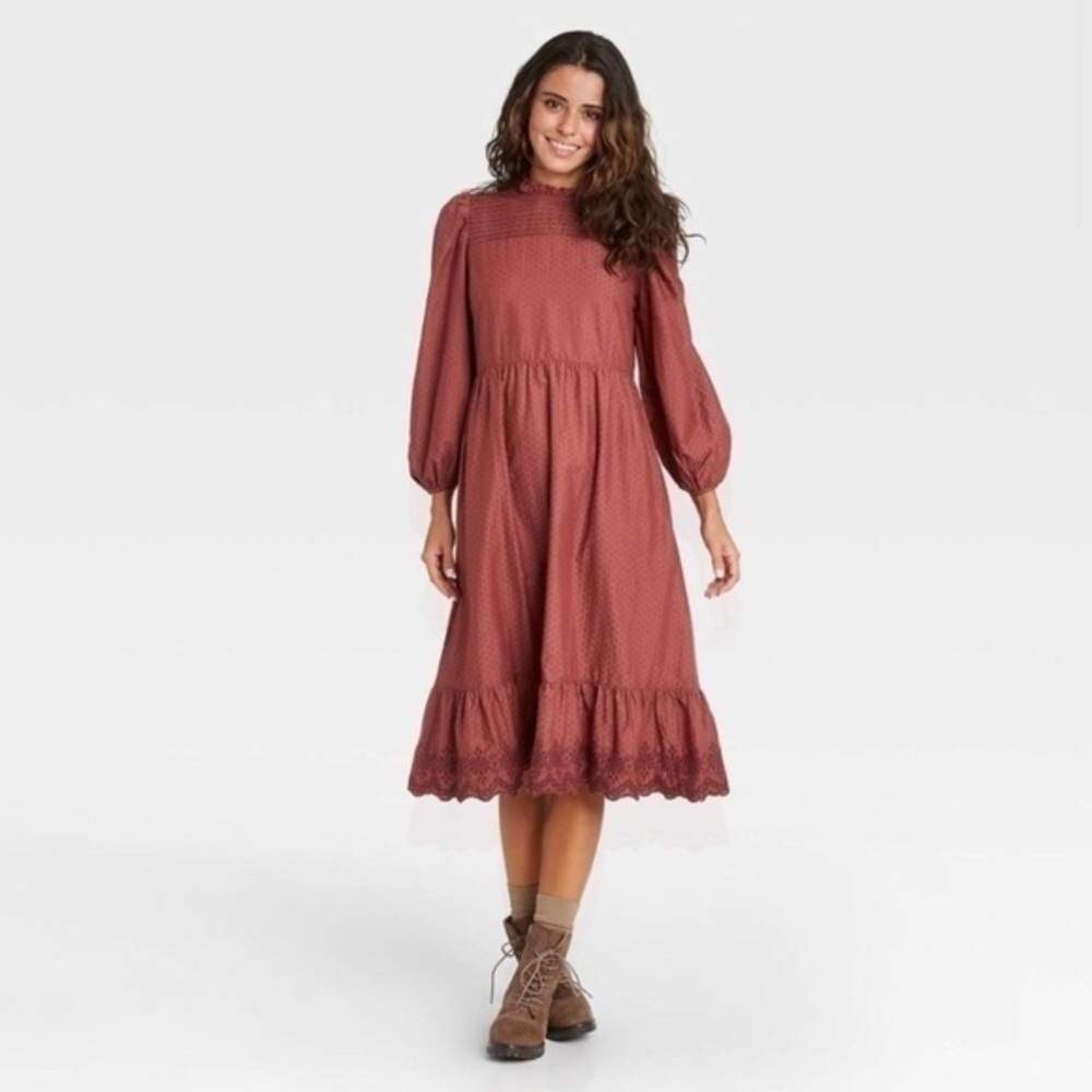 NWOT Rust Burgundy Embroidered Prairie Cottagecore Dress High Neck Medium New